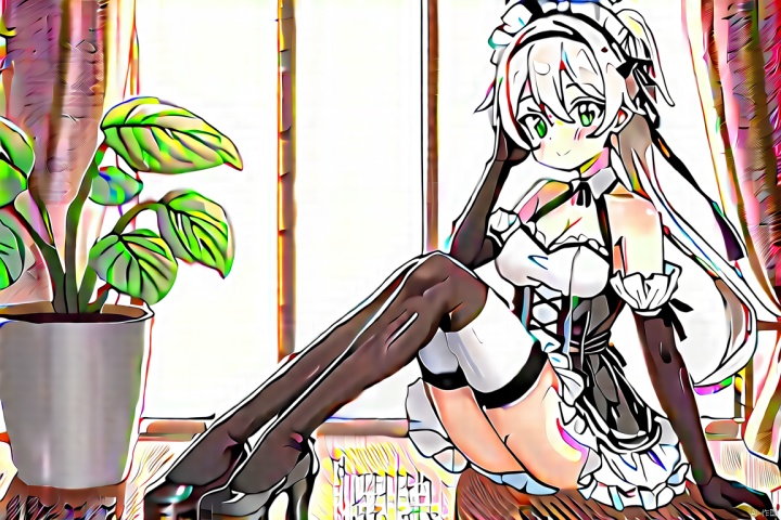 1girl, solo, long hair, looking at viewer, bangs, gloves, dress, green eyes, white hair, multicolored hair, frills, green hair, indoors, black footwear, apron, maid, maid headdress, kneeling, gradient hair, plant, cage, birdcage,nahida (genshin impact),蠢沫沫