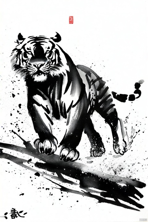 Chinese black and white ink painting,tiger, dynamic, aggressive posture, monochrome, ink wash, splatter effect, movement, power, artistic brush strokes, ferocity,