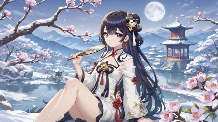 1girl, Baibohua, solo, black hair, hand fan, dress, white dress, holding, chinese clothes, holding fan, hair ornament, looking at viewer, jewelry, long sleeves, long hair, sitting, earrings, hair bun, full body a painting of a woman holding a fan in her hand and a tree in the background with a full moon, , branches on the moon, spring scenery of mangosteen, snow scene, picturesque landscape, small thoughts