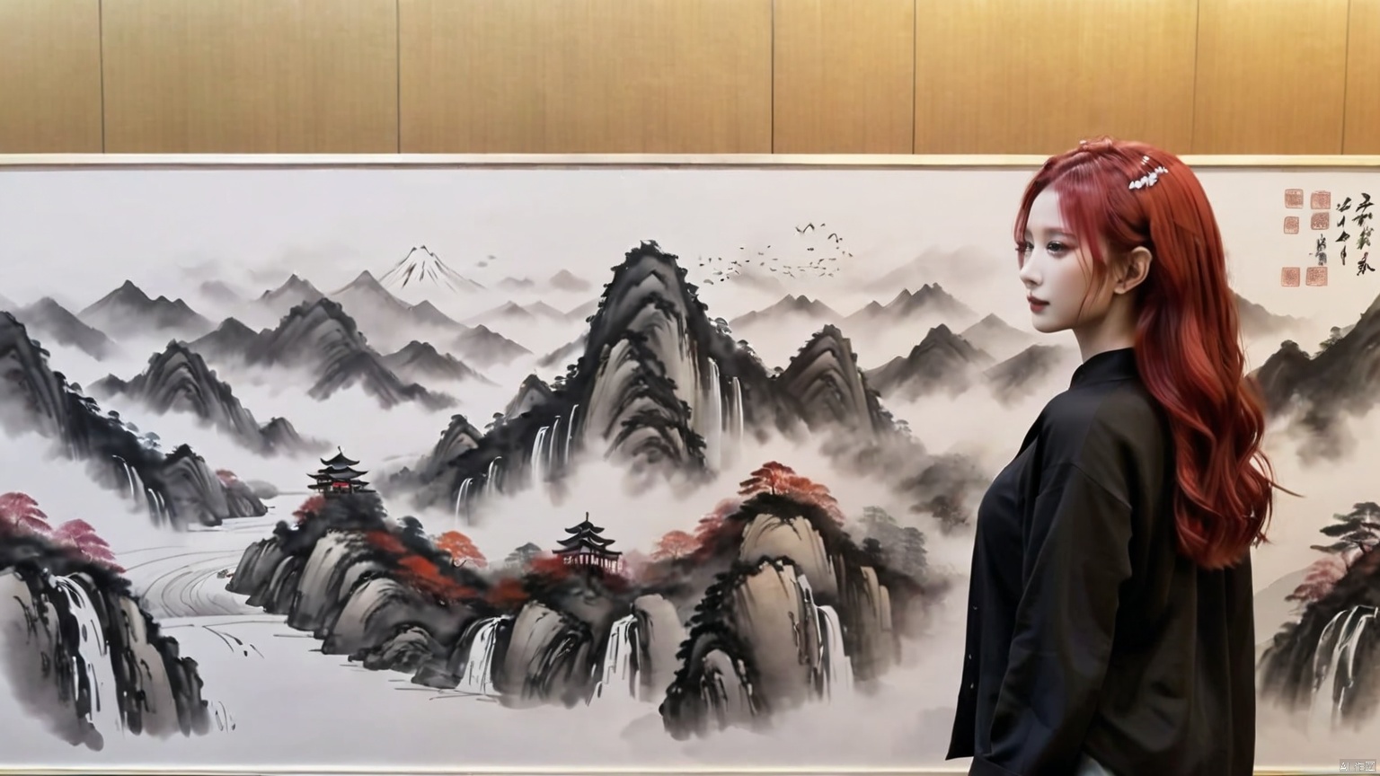 Chinese ink painting,Mountain ,Chinese landscape painting line drawing,high quality,art poster,multicolored hair,bokeh,three-point perspective,ultrawide shot