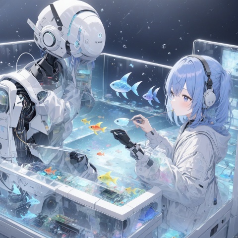 Seven transparent fish made out of circuitboard, in a tank, side view, looks beautiful and aesthetic, an android robot feeding them, soothing, real picture,0,luti