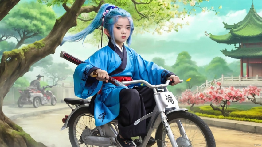  ink-painting,parody,fine art parody,riding,bicycle,ground vehicle,male focus,1boy,weapon,sword,black hair,tree,outdoors,multiple boys,faux traditional media,chinese clothes,instrument,blue hair,flower,sheath,solo,,