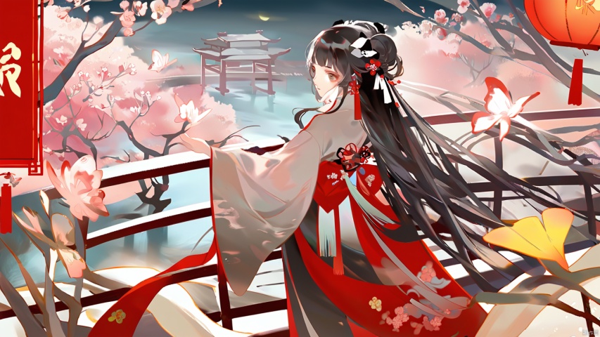 A girl, alone, long hair, looking at the audience, black hair, hair accessories, long sleeves, clothes, hugging, standing, flowers, outdoors, looking back, water, hair bun, from behind, tree, Belt, Chinese clothes, moon, red clothes, insects, butterflies, hands with lanterns, railings, branches,bridges,Hanfu,月上枝头, traditional chineseinkpainting,荷塘月色,山竹春色, keaiduo,小心思