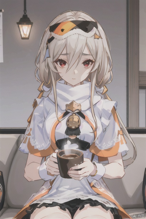 amiya(arknights), 1girl,8k wallpaper,extremely detailed figure, amazing beauty, detailed characters, {detailed background},aestheticism, sitting, winter, coffee shop, corner, coat, scarf, large breasts, gray hair, red eyes, emotionless, obedient, obedient, thick eyebrows, small nose, full lips, long eyelashes, delicate neck, slender shoulders, bare arms, delicate hands, long fingers, pointed nails, high cheekbones, oval face, smooth skin, rosy cheeks, cup of coffee, saucer, steam, warm, cozy, comfortable, relaxed, calm, quiet, peaceful, serene, contemplative, close-up, best quality, amazing quality, very aesthetic, absurdres