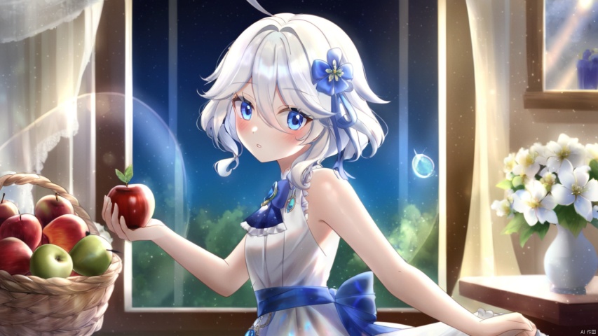 furina,masterpiece,best quality,high quality,(colorful),[Artist onineko],[Artist chen bin],[Artist agwing86],[[Artist wlop]], 1girl, solo, blue eyes, food, dress, basket, looking at viewer, white dress, white hair, holding, window, apple, fruit, holding basket, sleeveless, ahoge, ribbon, sleeveless dress, indoors, parted lips, hair ornament, flower, hair between eyes, blue ribbon, hair ribbon, blush, from side, hair flower, frills, short hair, blue bow, frilled dress, medium hair, looking to the side, curtains, bare shoulders, bow, standing