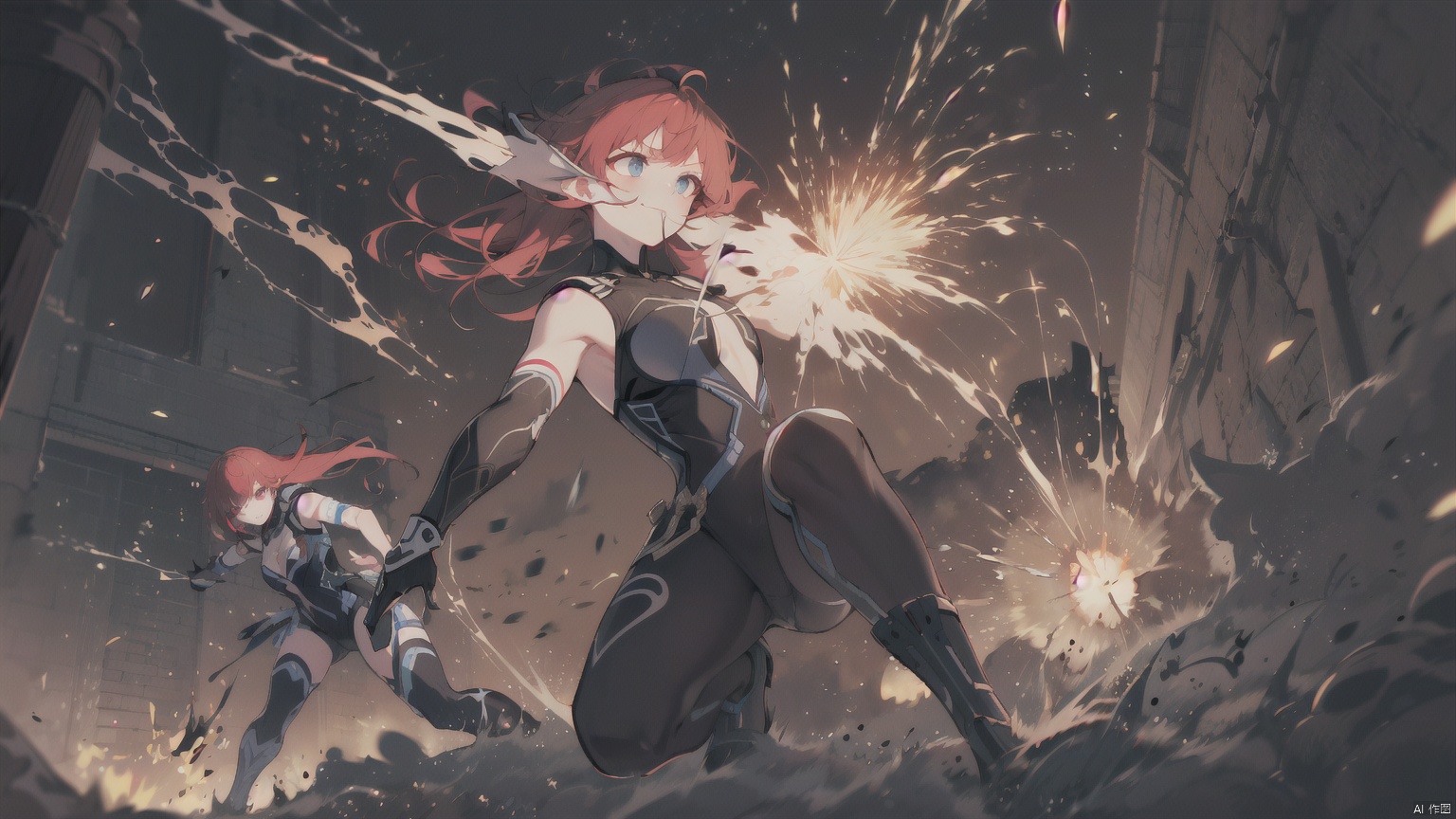  beauty,Toned figure,high_heels,high quality,best quality,(8k), , , , ,(2 girls fight), dachangtui,Colored eyes,white_body,girly_hair,red_hair,blue and white,golden and black,Tight gelcoat,Two-man struggle,Combat attitude,Bright environment,Sparks flew everywhere,Weapon collision, Super perspective, masterpiece,highly detailed CG illustration,wide shot