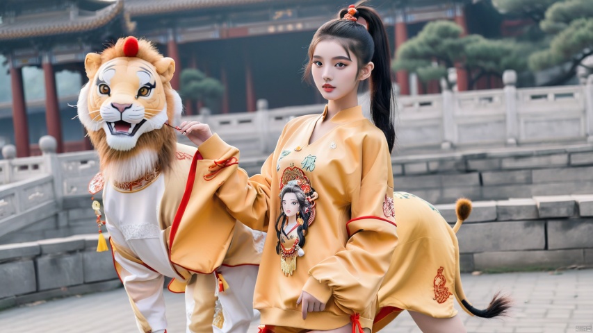 Modern Chinese girl, fashionable beauty, tall ponytail girl, Fashion clothing, lion clothing