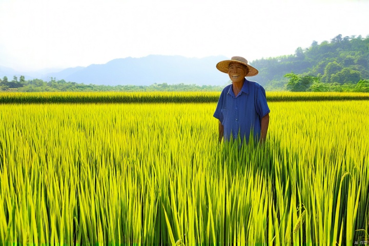 一片稻田,一个老人,水稻长得比老人高,稻谷长得比老人高,烈日高照,稻谷的影子为老人遮挡了太阳,可以看到远处的风景