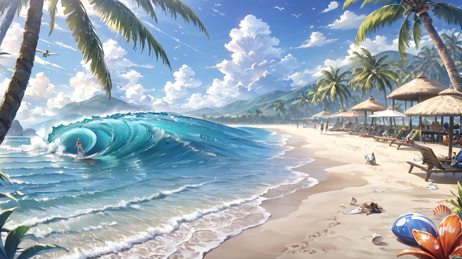 (masterpiece), (best quality), Exquisite visuals, high-definition, (ultra detailed), finely detail, (gradient Blue),(surfe on the sea, surfe),complex, ((sand)), palm trees, high definition, animation style, key visual, vibrant, anthropomorphic shells,The environment is next to the beach, with coconut trees and many seashells on the beach , Small shell, bk-hd,