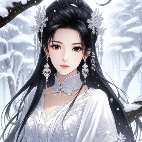 (best quality),((masterpiece)),(highres),illustration,original,extremelydetailed,licg,1girl,snow,black hair,solo,upper body,long hair,hair ornament,dress,jewelry,earrings,tree,snowing,white dress,winter,chinese clothes,licg,concept art,furina,