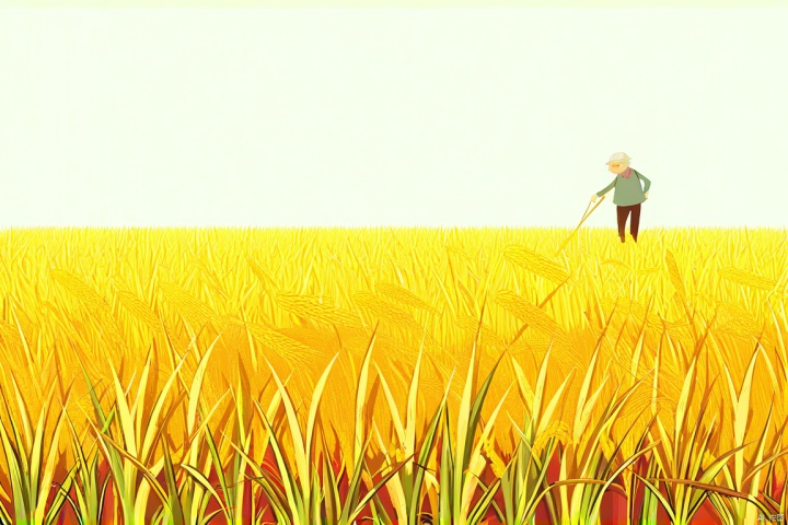 一片稻田,一个老人,水稻长得比老人高,稻谷长得比老人高,烈日高照,稻谷的影子为老人遮挡了太阳,可以看到远处的风景,动画风格