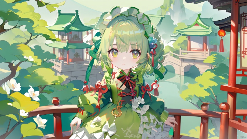 1girl, beautiful face, Green hair, Lolita dress,Chinese build,trees,guochao,oil painting