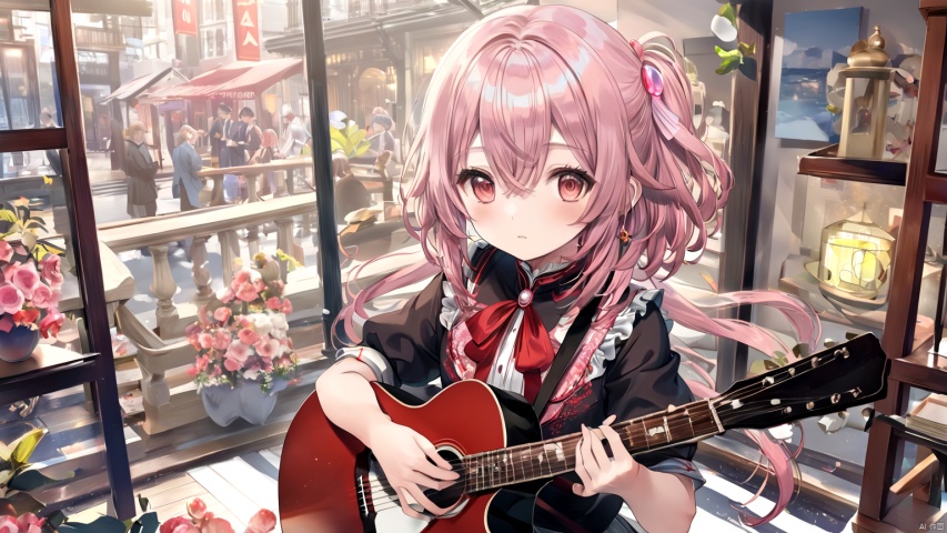  (best quality),(masterpiece),((beautiful:0.75) cute girl:0.75),[clear and clean] pixiv (illustration),gotou hitori,black shirt,concert,holding instrument,guitar,pink long hair,hair ornament,cube hair ornament,hair between eyes,bangs,blue eyes, concept art