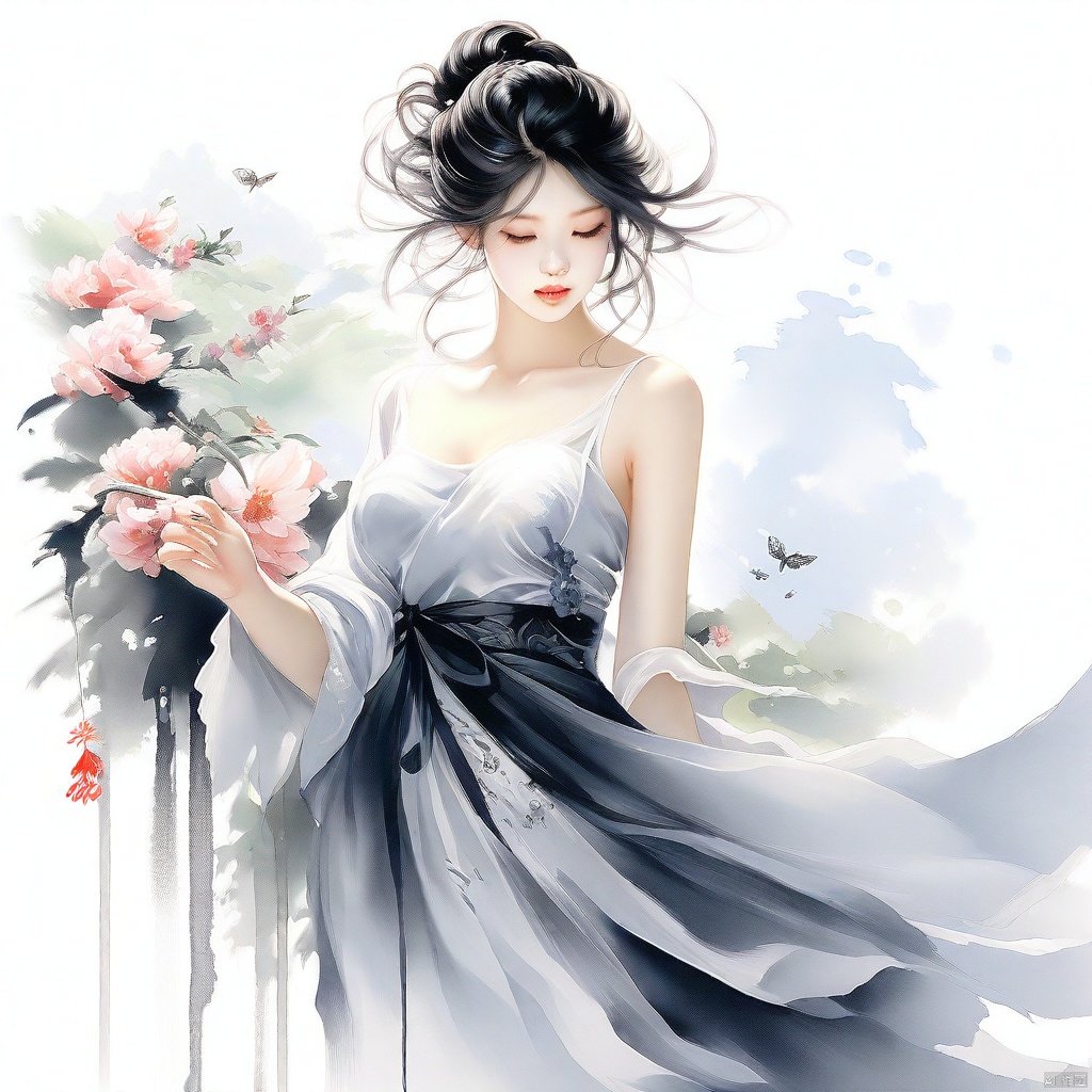 Chinese painting,Ethereal beauty,Ink wash painting,Ink splashes,Gongbi,Delicate brushwork,Zen simplicity, high quality, masterpiece, ultra-high resolution, incredible composition, extremely detailed, crazy details, a girl, angel wings, beautiful face, perfect female body, (skirt **** up of flowers:1.5), translucent body, transparent petals, luminous petals, gradient, contour light, light particles, award winning art,