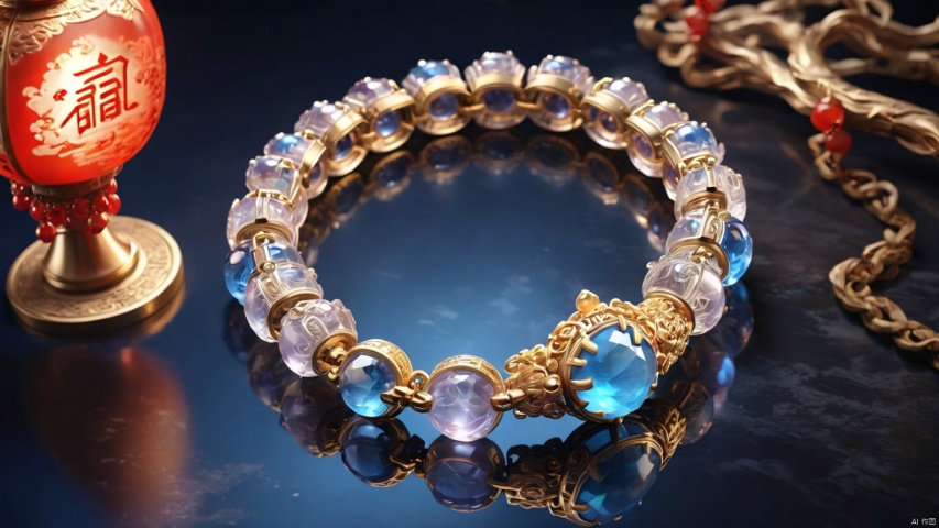 1bracelet, suspended in the air, glowing, magnificent patterns, gemstone decoration, fine carving, masterpiece, high-definition, epic composition, high-definition image quality, palace interior, original game artwork,xuanwu,dahuangdongjing,mengji,bifang
