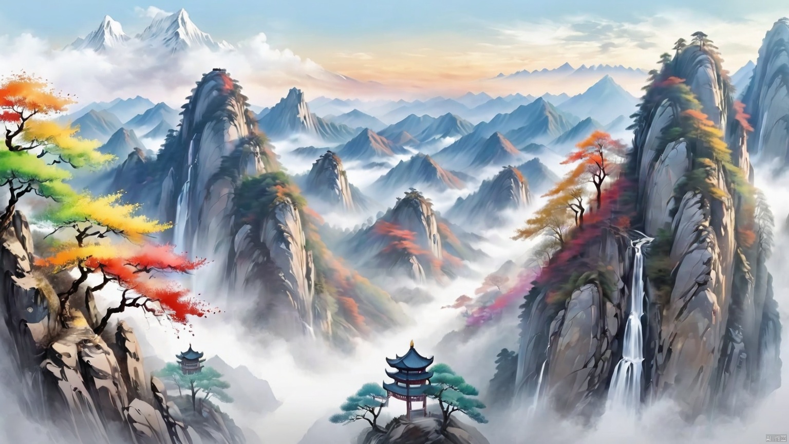 Chinese ink painting,Mountain ,Chinese landscape painting line drawing,high quality,art poster,multicolored hair,bokeh,three-point perspective,ultrawide shot