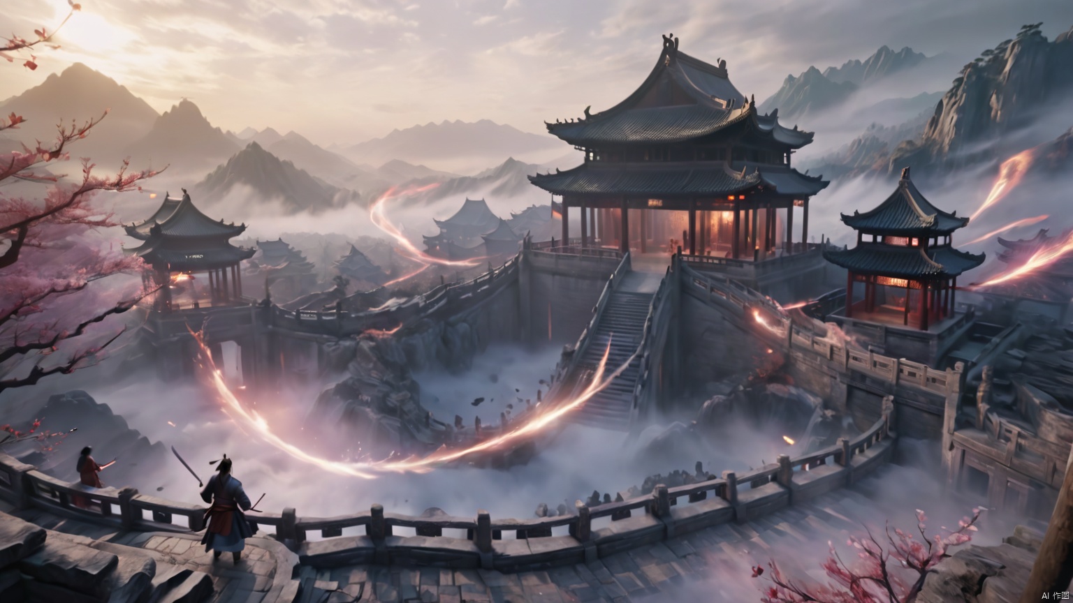  Ancient China, Wuxia World, Thousands of Swords, Flying Sword, Black through the Hole, surrounded by mist, vast panorama, Unreal light and shadow, wide Angle lens, captured at dusk, cinematic texture, Unreal Engine 4, 8K Ultra HD, clear and bright image quality, amazing fantasy immortal scenes, ink painting style, highly refined, dynamic expression, clear lines, cinematic texture, Cold atmosphere, vivid, render high octane, extremely fine,wujie,wanjianguizong,jianjue,11,amazing6