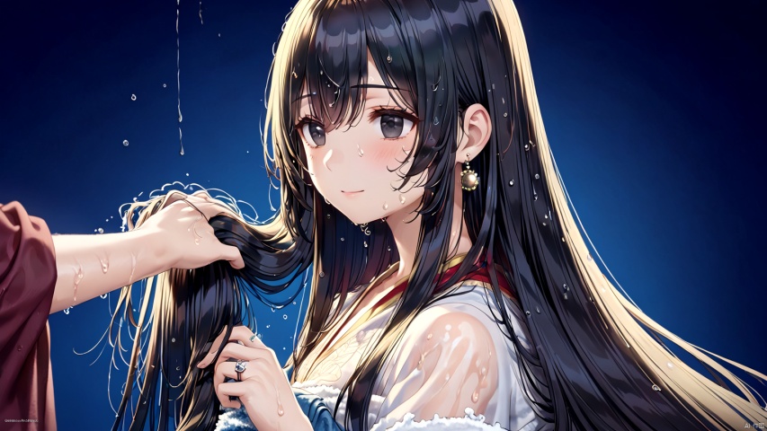  masterpiece, best quality, 8K, official art, ultra high res, 1girl, black eyes,jewelry, portrait, solo, big earrings, blue background , black hair, ((hair down)), embroidery, exquisite hair, hair meticulous, soaked through, ((((wet hair:2.4)))), portrait, (((showering:1.2))), ((focus hair:2.2)), the light fell on her hair, all hair wet through, ((((straight hair:2.5)))), ((very long hair:2.0)), (((big hair:2.0))), (((lots of hair:2.0))), open eyes, smile, High nose bridge, large eyes, oval face, delicate skin, (((washing hair:2.3))), The picture focuses on the hair, viewed_from_behind, hanfu, ((ring bun))