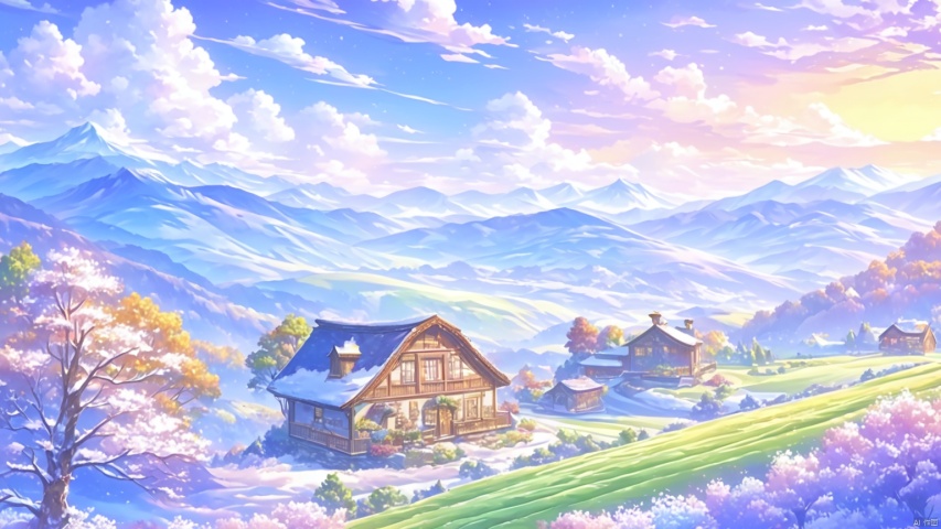 乡村, An idyllic countryside vista with undulating hills and quaint farmhouses, in the style of poster art, hyper-detailed, richly colored skies, colorful, Oil painting,cozyanimationscenes,illustration,雪景
