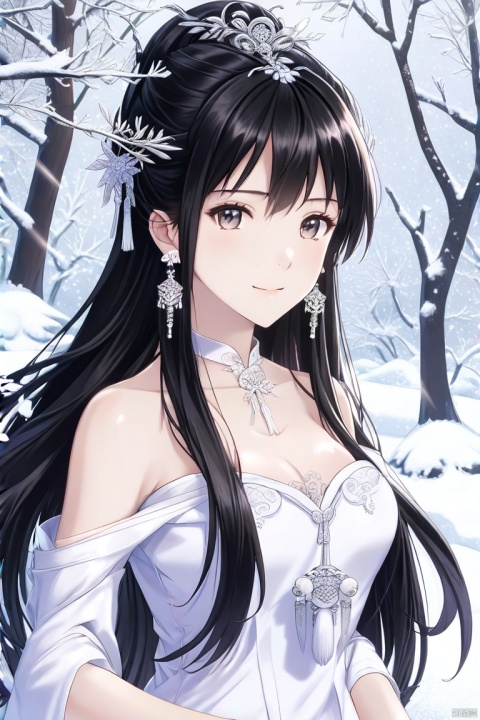 (best quality),((masterpiece)),(highres),illustration,original,extremelydetailed,licg,1girl,snow,black hair,solo,upper body,long hair,hair ornament,dress,jewelry,earrings,tree,snowing,white dress,winter,chinese clothes,licg,concept art,furina,