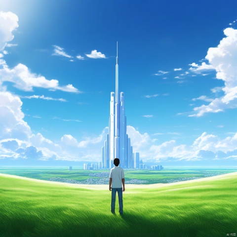 No Man's Sky, a man standing on light green grassland looking out towards a giant tall white building in the distant, clear blue sky with white clouds, highly detailed, ultra-high resolutions, 32K UHD, best quality, masterpiece, 