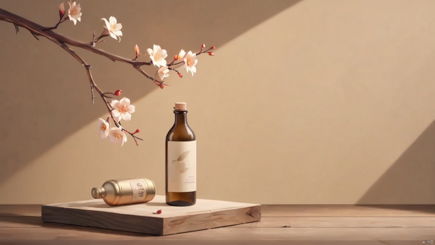  xihuwen, Warm color style, beige bottle, front product, bottle placed on wood, wood, flowers, left light, commercial photography, 8K, brown theme, simple branch light and shadow background on the left side