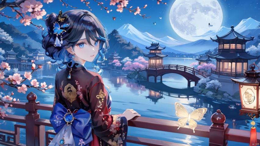  A girl, alone, long hair, looking at the audience, black hair, hair accessories, long sleeves, clothes, hugging, standing, flowers, outdoors, looking back, water, hair bun, from behind, tree, Belt, Chinese clothes, moon, red clothes, insects, butterflies, hands with lanterns, railings,branches,bridges,Hanfu,月上枝头, traditionalchineseinkpainting,荷塘月色,山竹春色,keaiduo,小心思,furina,masterpiece,best quality