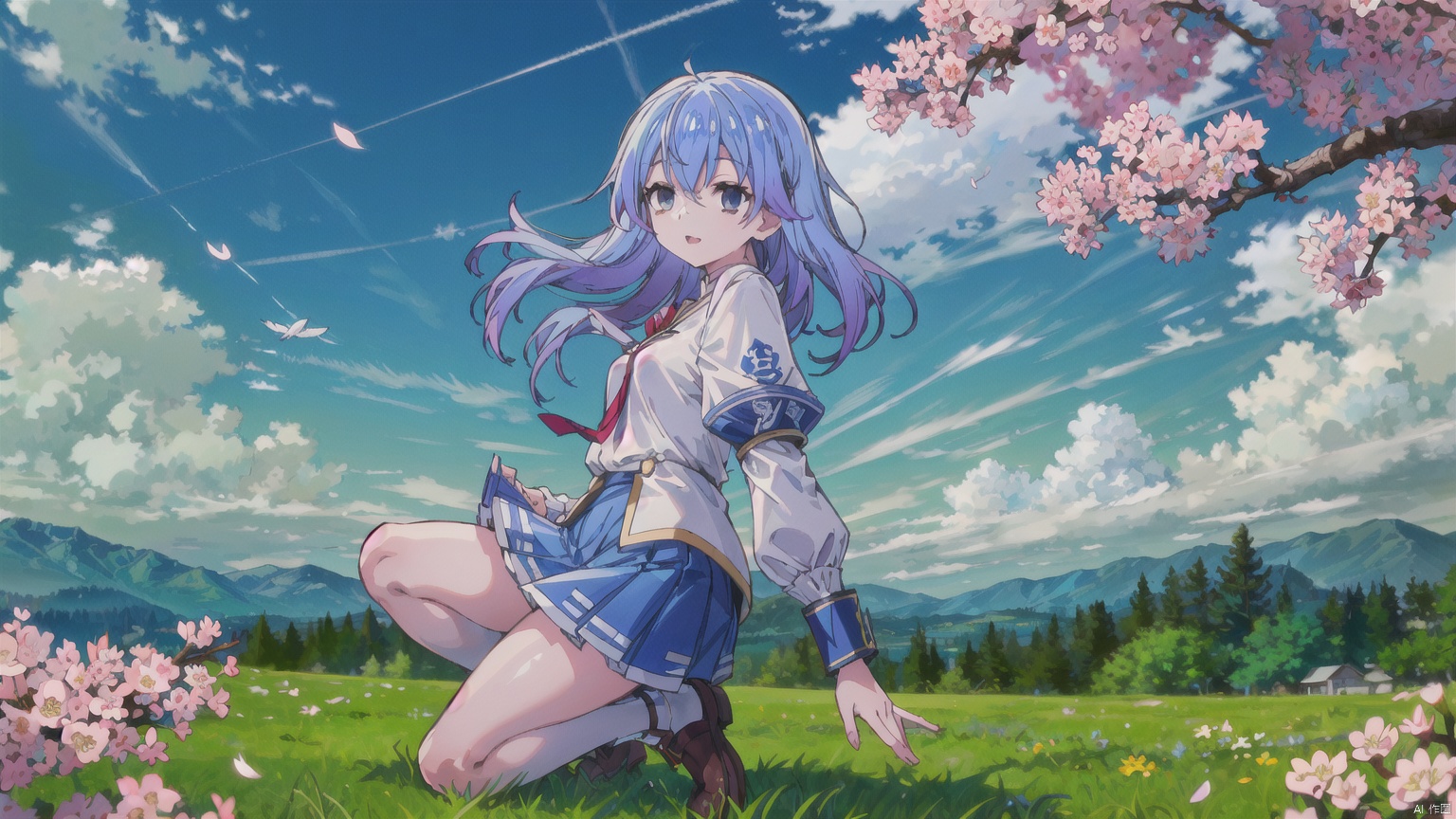  Best Quality, Super High Resolution, a girl (full body photo,) outdoors, white clothes, blue skirt, JK uniform, uniform, full chest, long legs, long hair fluttering, cherry blossom background, blue sky, White Clouds, breeze, turn your face sideways and look to the side