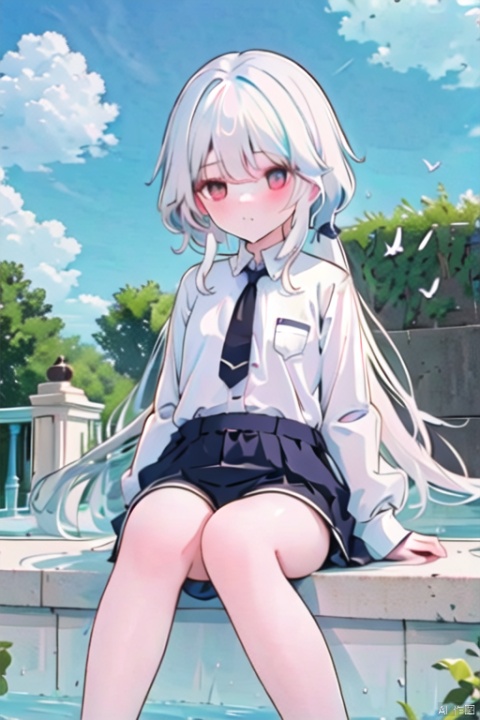 1girl, long hair, White hair, red eyes, jitome, flat chest, sitting, on park, day, blue Sky, clouds, black shorts, White shirt, long legwears, camera