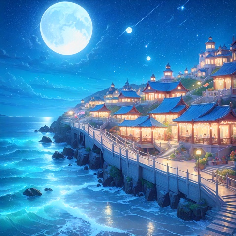A beautiful painting of seaside under the starry sky, full moon hang on the sky, night, Kongming lights, light effect, fairytales, dreamy, highly detailed, Beeple, artstation,0