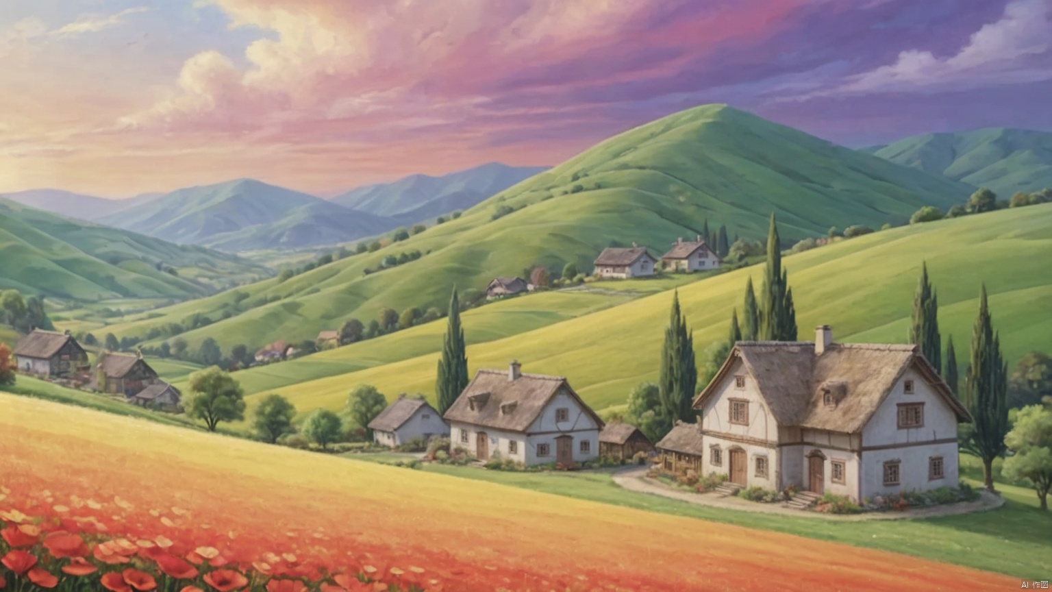 乡村, An idyllic countryside vista with undulating hills and quaint farmhouses, in the style of poster art, hyper-detailed, richly colored skies, colorful, Oil painting,cozyanimationscenes,illustration,雪景