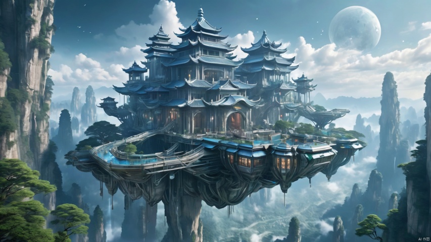 A house floating in the sky, made of glass and silvery metal, suspended above a utopian paradise reminiscent of Zhangjiajie's mountains., Cyberpunk Fantasy