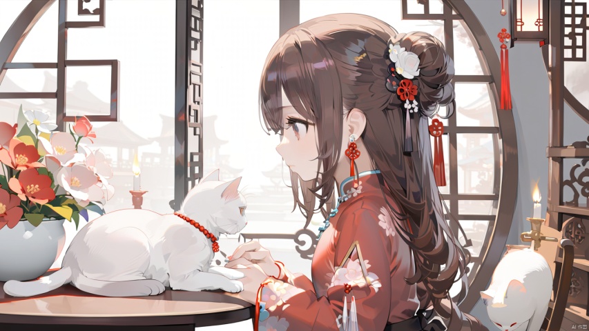 1girl,long hair,jewelry,earrings,single hair bun,(a white cat:1.4),chinese clothes,book,table,sitting,flower,circular window,window,dress,from side,hair ornament,hair bun,long sleeves,red dress,black hair,indoors,looking down,profile,brown hair,candle,light,GFGF,