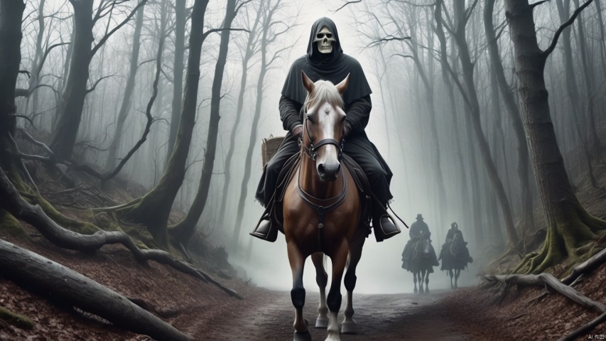 (horror style), riding a horse carrying an (old and dirty carriage), a Horseman with invisible head, (faceless and collarless), along a sinister path in a horrifying forest, (Photorealistic), monster, more detail XL,horror,Realism,DisembodiedHead
