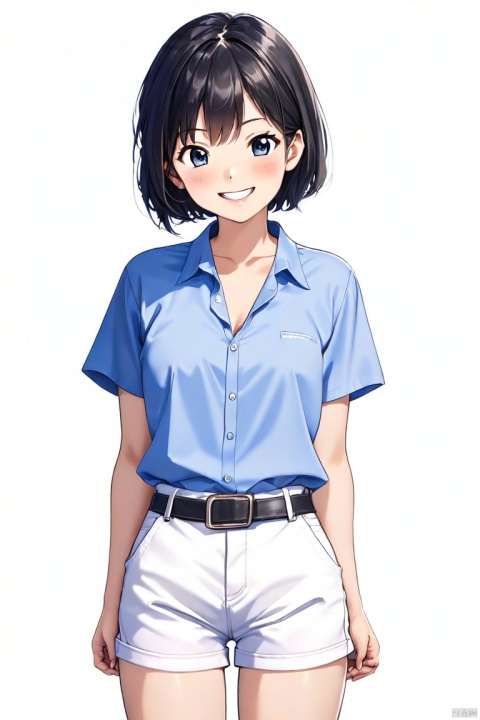 best quality,masterpiece,realistic,1girl,cowboy shot,form behind,smile,looking at viewer,short shorts,white shorts,shirt,blue shirt,,