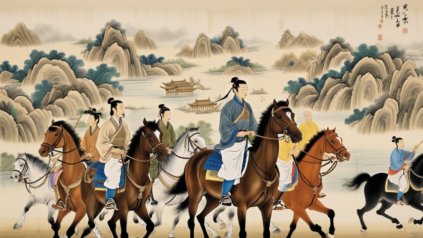 black hair, multiboys, male focus,The Song Dynasty played polo, riding, brown horse, fine art parody, horseback riding,hills in the background, traditional chinese ink painting, Diwang