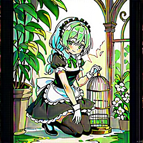 1girl, solo, long hair, looking at viewer, bangs, gloves, dress, green eyes, white hair, multicolored hair, frills, green hair, indoors, black footwear, apron, maid, maid headdress, kneeling, gradient hair, plant, cage, birdcage,nahida (genshin impact),蠢沫沫