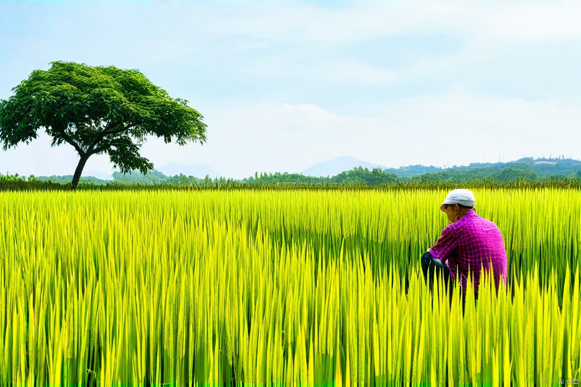 一片稻田,一个老人坐在树下,水稻长得比老人高,烈日高照,可以看到远处的风景