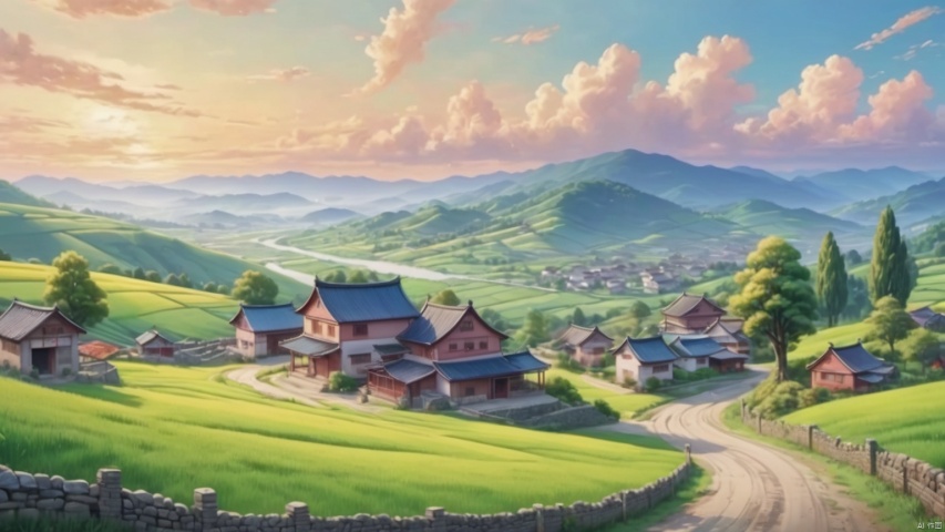 乡村, An idyllic countryside vista with undulating hills and quaint farmhouses, in the style of poster art, hyper-detailed, richly colored skies, colorful, Oil painting, cozy animation scenes, illustration,