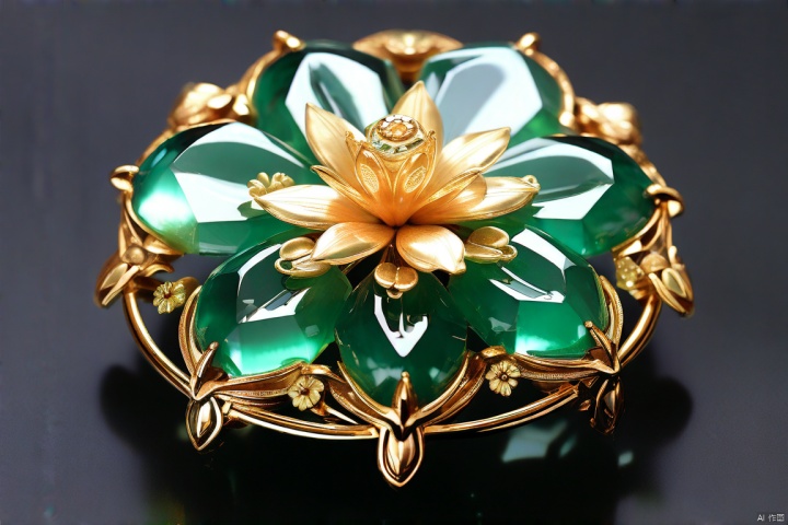 (tmasterpiece:1),(Final quality:1),a jewellery design,(Colorful glaze style:1), Surrounding Gold Jewelry Flower,number art,(Detailed details),rendering by octane,3d sculpture, volumetric light, Ray Tracing,Grandmother Emerald,jewelry,flower,jade,(glaze),glass,translucent, (Chinese landscape painting background:1),(ceramics:1)