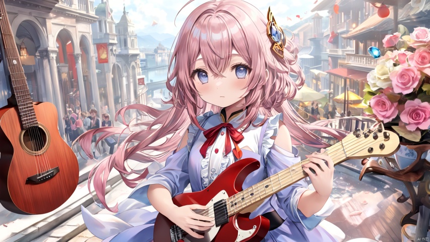  (best quality),(masterpiece),((beautiful:0.75) cute girl:0.75),[clear and clean] pixiv (illustration),gotou hitori,black shirt,concert,holding instrument,guitar,pink long hair,hair ornament,cube hair ornament,hair between eyes,bangs,blue eyes, concept art