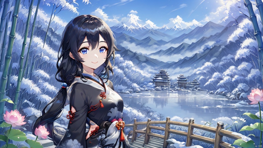 A girl with a smile, long black hair, single hair, long sleeves, stairs overlooking the bamboo forest, stairs, mountains, blue sky, White Clouds, sunshine, traditional Chinese inkpainting, spring scenery of mountain bamboo, moonlight over lotus pond, snow scene, picturesque landscape ,countryside,little thoughts