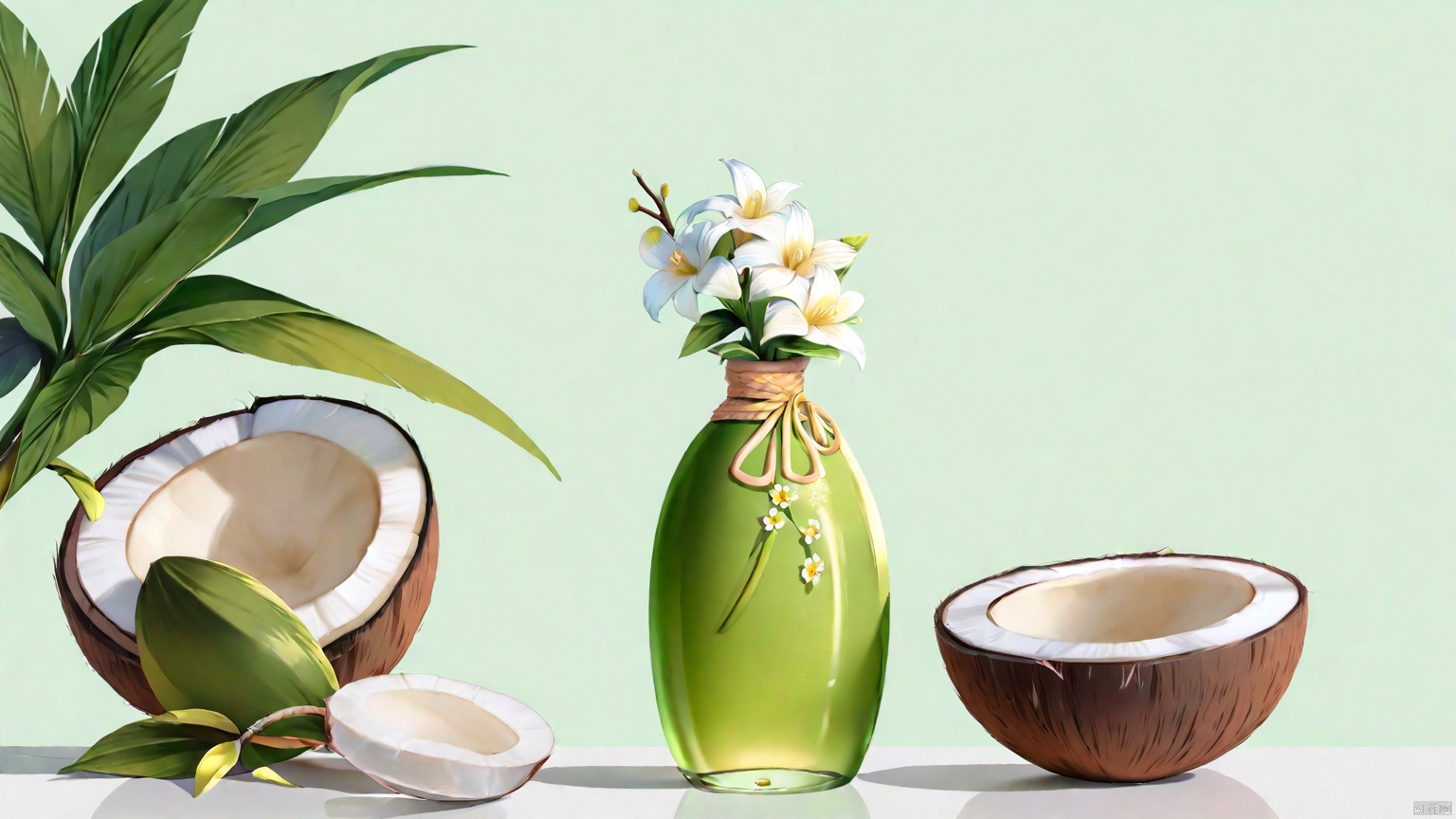  xihuwen, Light green bottle, oval bottle, left measured light, coconut, small flower decoration, wide angle, e-commerce photography, simple tree branch light background