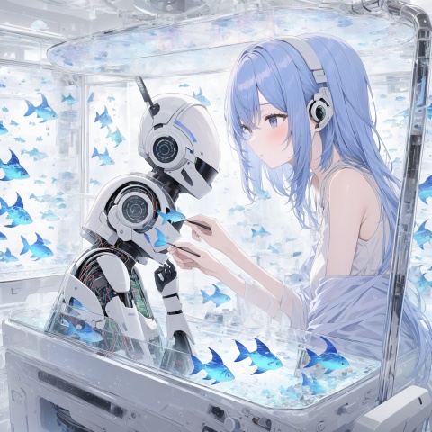 Seven transparent fish made out of circuitboard, in a tank, side view, looks beautiful and aesthetic, an android robot feeding them, soothing, real picture,0,luti