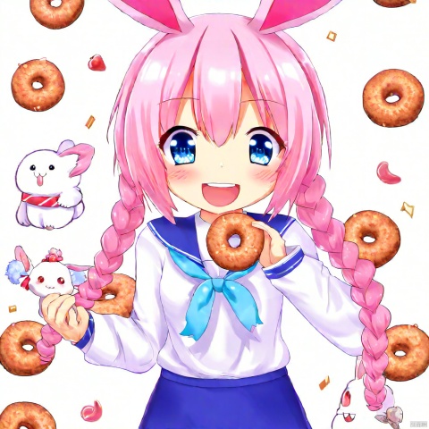 masterpiece,best quality,extremely detailed,detailed background,detailed face,1girl,heterochromia,skirt,pink hair,scarf,blue eyes,braid,twin braids,animal ears,smile,rabbit ears,food,pleated skirt,rabbit,red eyes,open mouth,solo,long sleeves,doughnut,blue skirt,bangs,long hair,white shirt,shirt,:d,looking at viewer,teeth,jacket,confetti,bow,fake animal ears,>_<,upper teeth only,ribbon,open clothes,white jacket,sleeves past wrists,heart,