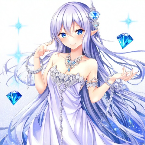 (masterpiece),(best quality),illustration,ultra detailed,hdr,Depth of field,(colorful),[pottsness],[iumu],[Sheya],1girl,solo,long hair,dress,jewelry,necklace,hair ornament,bracelet,sleeveless,gem,blue eyes,very long hair,crystal,white dress,from side,blunt bangs,hands up,grey hair,diamond (gemstone),sleeveless dress,closed mouth,white hair,grey eyes,