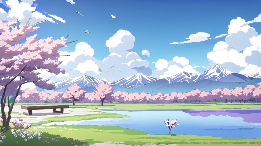  Mountains, lakes, wild geese, peach blossoms,scenery, outdoors, no humans, Lavender, sky, cloud, day, grass, tree, bench, field, white flower, blue sky, cloudy sky, nature