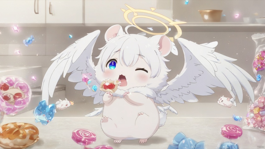  shushu,anime,White Hamster,surprised,cutie,Detail,idle animation,eating,white wings,halo,kitchen background,happy,sweets,floating candy , cute animal, minimalism,crystal eyes, cute,