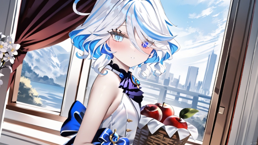  furina,masterpiece,best quality,high quality,(colorful),[Artist onineko],[Artist chen bin],[Artist agwing86],[[Artist wlop]], 1girl, solo, blue eyes, food, dress, basket, looking at viewer, white dress, white hair, holding, window, apple, fruit, holding basket, sleeveless, ahoge, ribbon, sleeveless dress, indoors, parted lips, hair ornament, flower, hair between eyes, blue ribbon, hair ribbon, blush, from side, hair flower, frills, short hair, blue bow, frilled dress, medium hair, looking to the side, curtains, bare shoulders, bow, standing