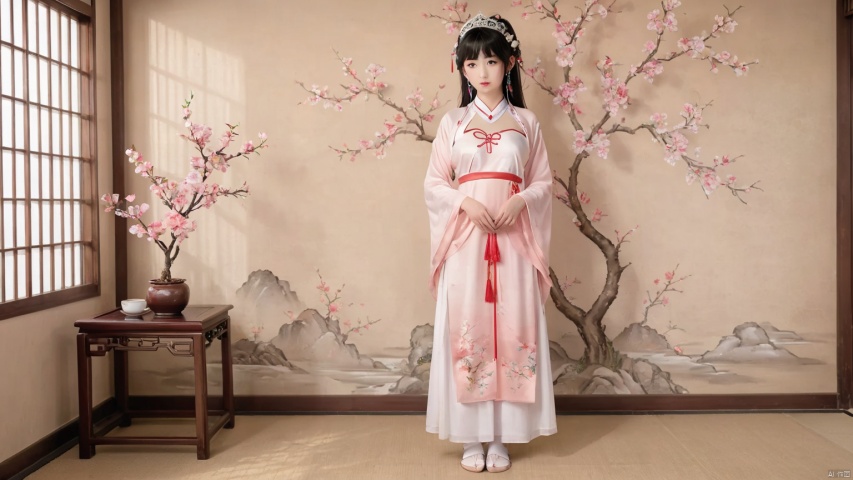  masterpiece, HanFu, 1 girl, solo, Lovely, Look at me, jewelry, necklace, hair ornament, Tea hair, full body, dress, chinese clothes, standing, tiara, White background wall, Peach blossom tree decoration, Potted plant, Petals on the ground, Landscape mural, Dunhuang, Photographic sets, Light and shadow, textured skin, super detail, best quality